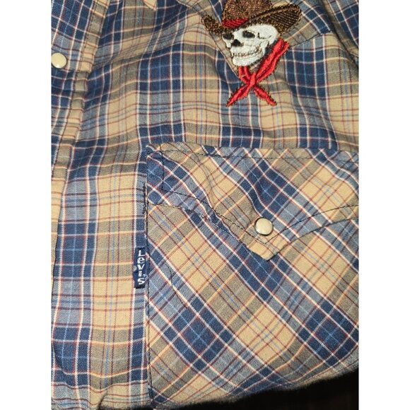 Vintage Levi's Western Shirt Plaid Skull Embroidery Pearl Snap Rockabilly Grunge - Picture 7 of 8